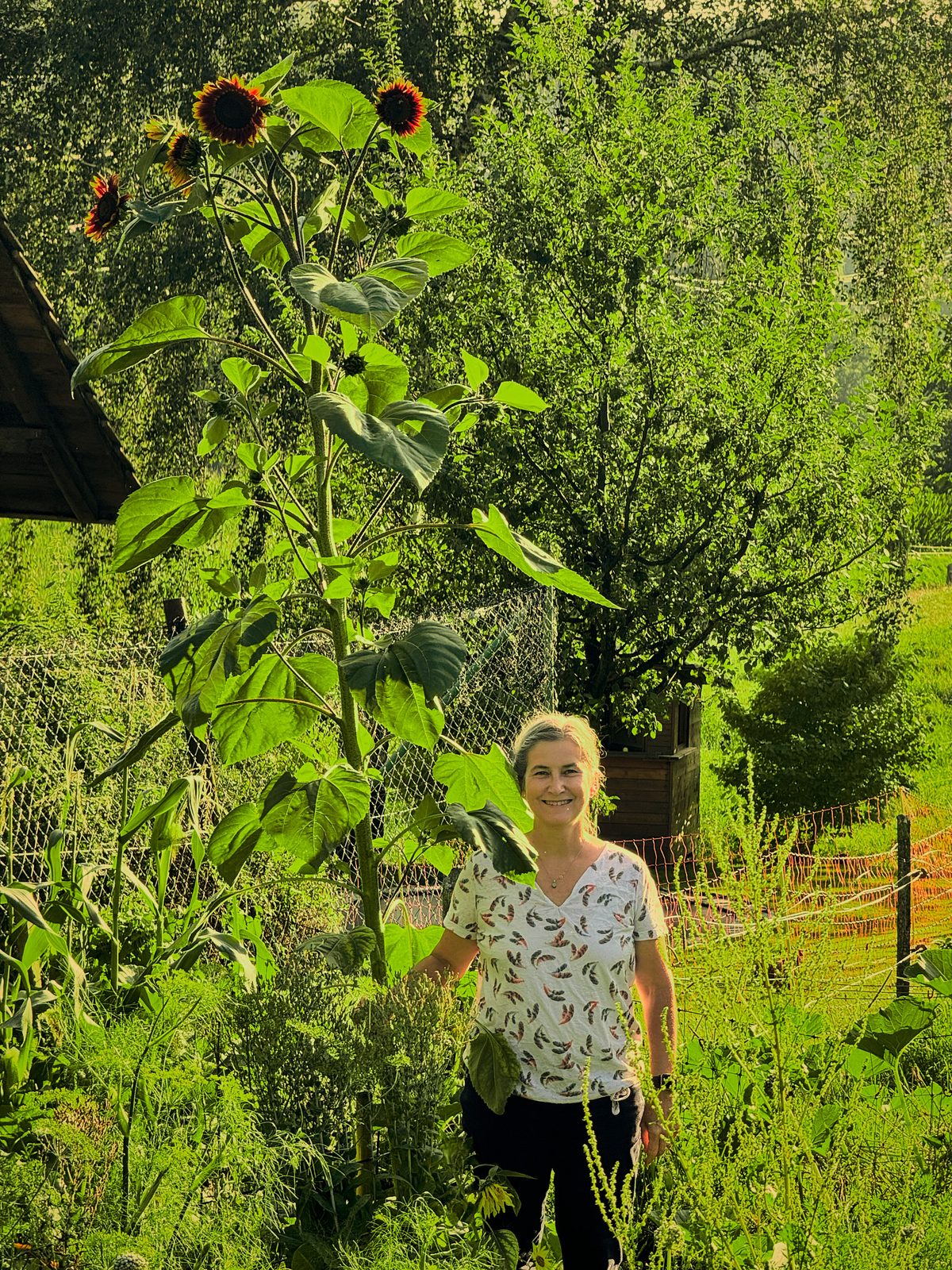 Sibylle Broggi-Läubli, Gründerin von Florentia und klinische Aromatherapeutin, im Garten neben einer Sonnenblume